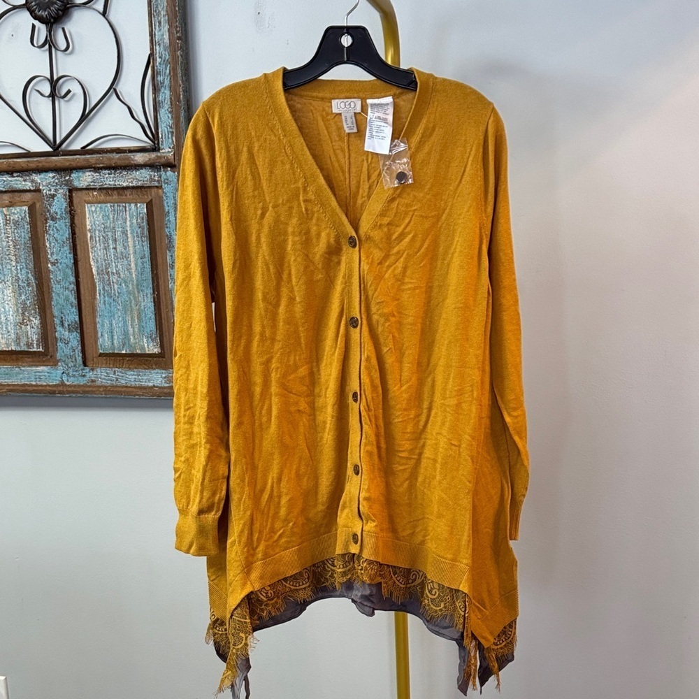 LOGO by Lori Goldstein Mustard Cardigan